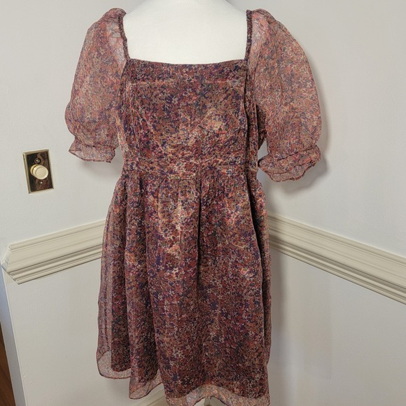 English Factory Floral Chiffon Babydoll Dress Puff Sleeve Square Neck Size 1X - Picture 2 of 11